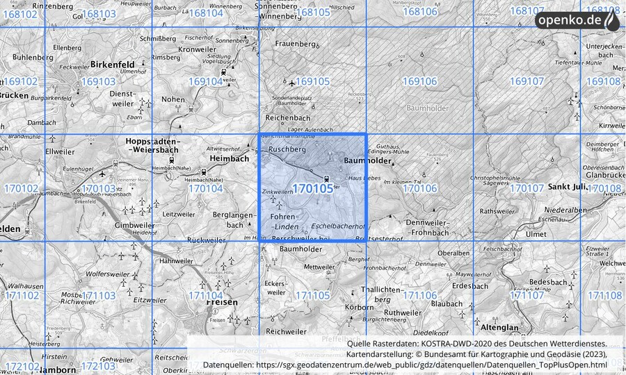 Übersichtskarte des KOSTRA-DWD-2020-Rasterfeldes Nr. 170105