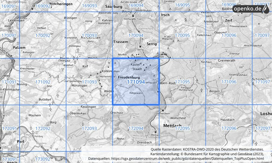 Übersichtskarte des KOSTRA-DWD-2020-Rasterfeldes Nr. 171094