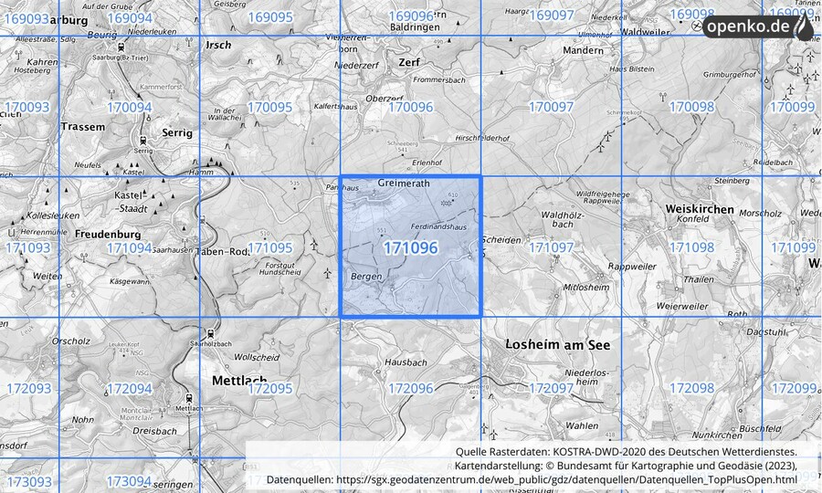 Übersichtskarte des KOSTRA-DWD-2020-Rasterfeldes Nr. 171096