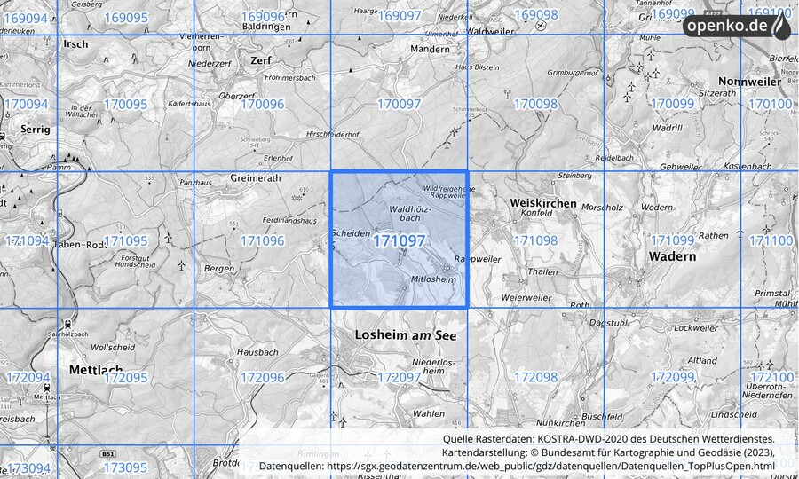 Übersichtskarte des KOSTRA-DWD-2020-Rasterfeldes Nr. 171097