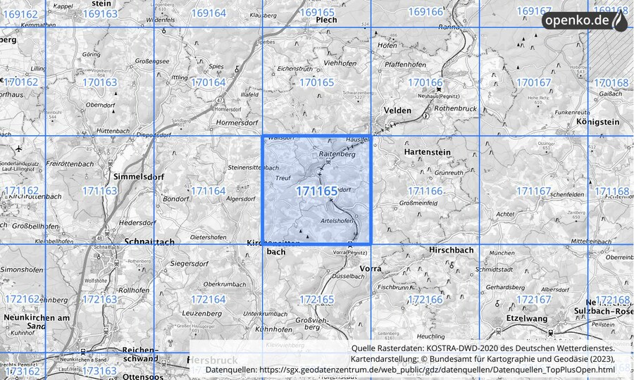 Übersichtskarte des KOSTRA-DWD-2020-Rasterfeldes Nr. 171165 Übersichtskarte des KOSTRA-DWD-2020-Rasterfeldes Nr. 171165