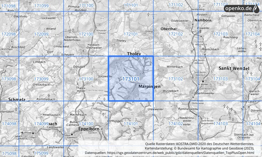 Übersichtskarte des KOSTRA-DWD-2020-Rasterfeldes Nr. 173101