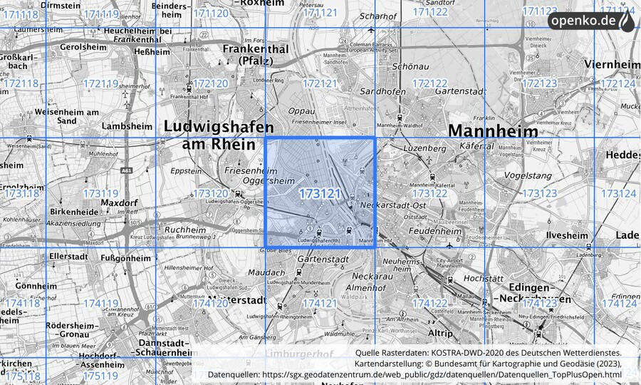 Übersichtskarte des KOSTRA-DWD-2020-Rasterfeldes Nr. 173121