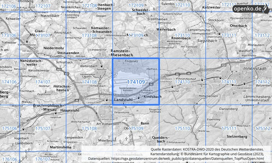 Übersichtskarte des KOSTRA-DWD-2020-Rasterfeldes Nr. 174109