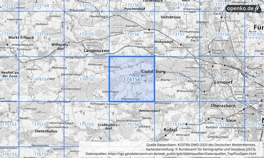 Übersichtskarte des KOSTRA-DWD-2020-Rasterfeldes Nr. 174156