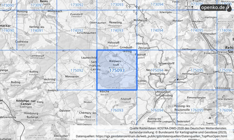 Übersichtskarte des KOSTRA-DWD-2020-Rasterfeldes Nr. 175093