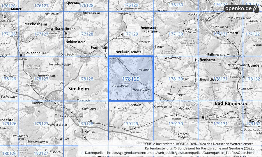 Übersichtskarte des KOSTRA-DWD-2020-Rasterfeldes Nr. 178129