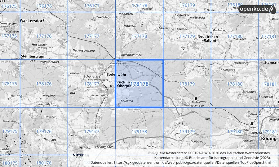 Übersichtskarte des KOSTRA-DWD-2020-Rasterfeldes Nr. 178178