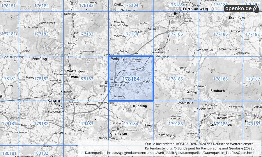 Übersichtskarte des KOSTRA-DWD-2020-Rasterfeldes Nr. 178184