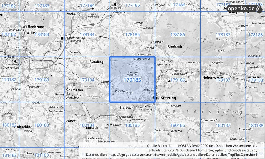 Übersichtskarte des KOSTRA-DWD-2020-Rasterfeldes Nr. 179185