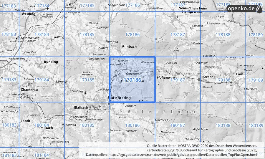Übersichtskarte des KOSTRA-DWD-2020-Rasterfeldes Nr. 179186
