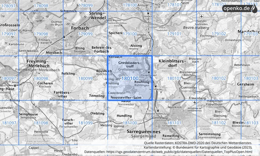 Übersichtskarte des KOSTRA-DWD-2020-Rasterfeldes Nr. 180100