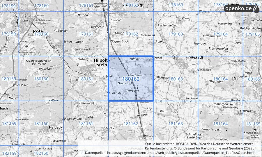 Übersichtskarte des KOSTRA-DWD-2020-Rasterfeldes Nr. 180162