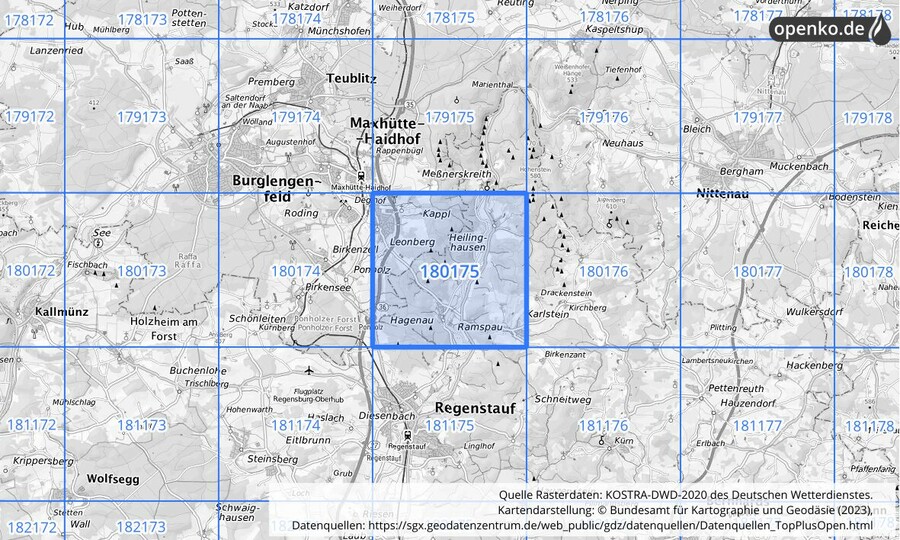 Übersichtskarte des KOSTRA-DWD-2020-Rasterfeldes Nr. 180175