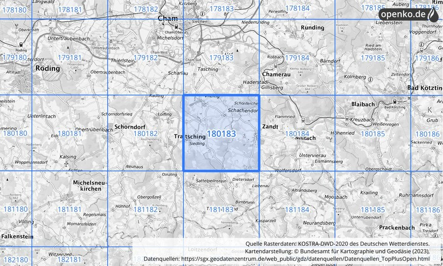 Übersichtskarte des KOSTRA-DWD-2020-Rasterfeldes Nr. 180183