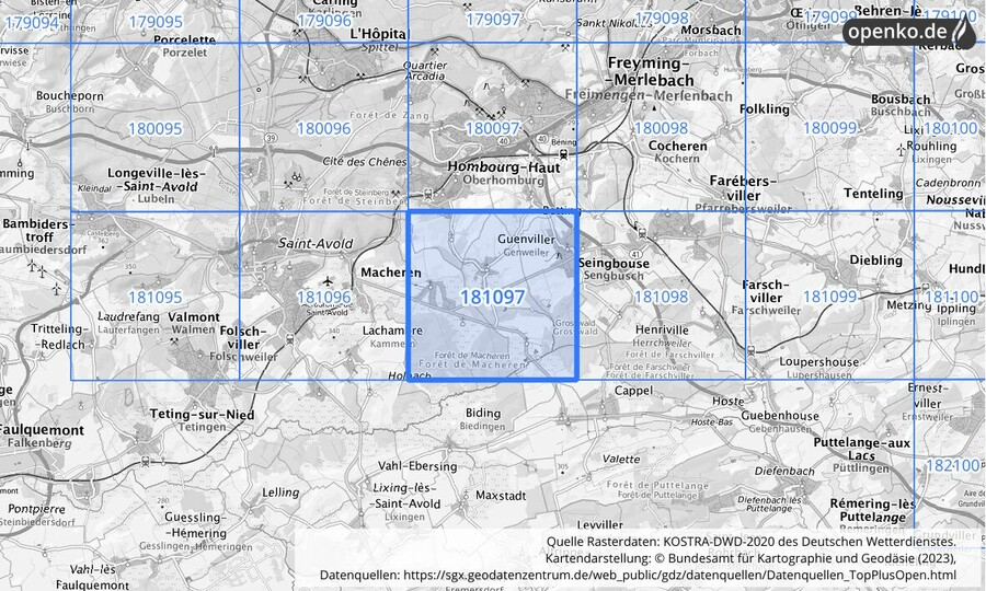Übersichtskarte des KOSTRA-DWD-2020-Rasterfeldes Nr. 181097