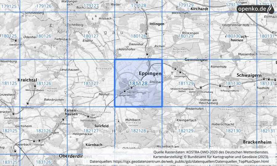 Übersichtskarte des KOSTRA-DWD-2020-Rasterfeldes Nr. 181128 Übersichtskarte des KOSTRA-DWD-2020-Rasterfeldes Nr. 181128