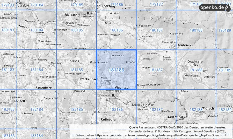 Übersichtskarte des KOSTRA-DWD-2020-Rasterfeldes Nr. 181186