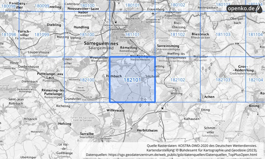 Übersichtskarte des KOSTRA-DWD-2020-Rasterfeldes Nr. 182101