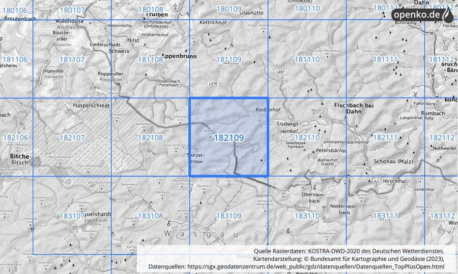 Übersichtskarte des KOSTRA-DWD-2020-Rasterfeldes Nr. 182109