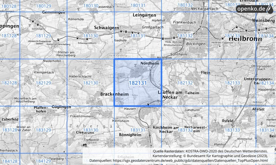 Übersichtskarte des KOSTRA-DWD-2020-Rasterfeldes Nr. 182131