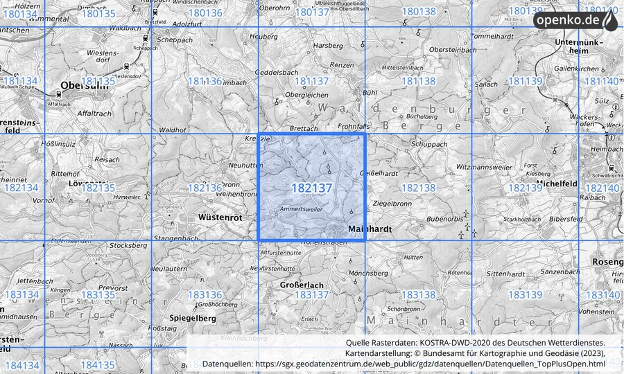 Übersichtskarte des KOSTRA-DWD-2020-Rasterfeldes Nr. 182137