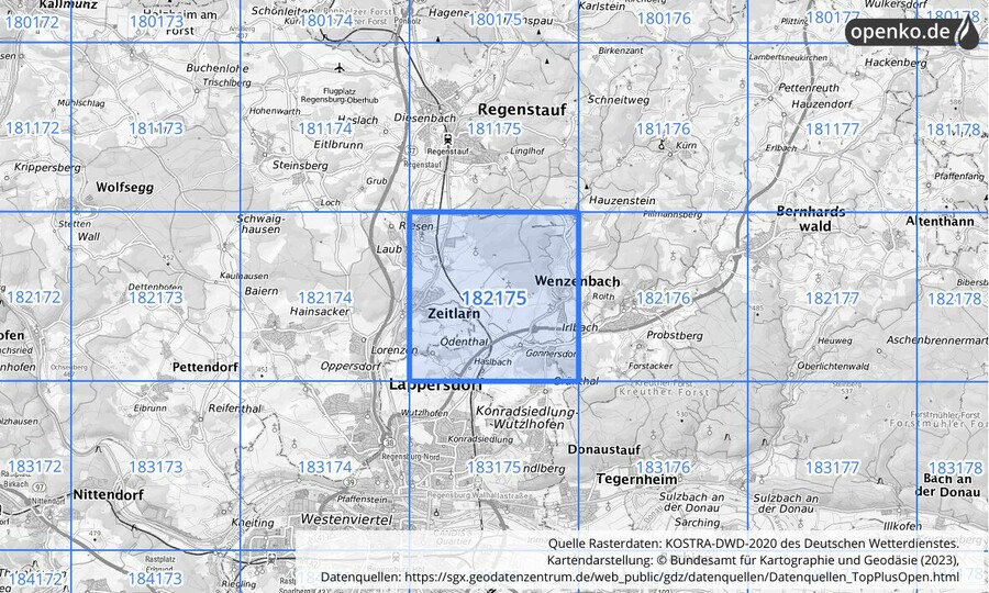 Übersichtskarte des KOSTRA-DWD-2020-Rasterfeldes Nr. 182175 Übersichtskarte des KOSTRA-DWD-2020-Rasterfeldes Nr. 182175