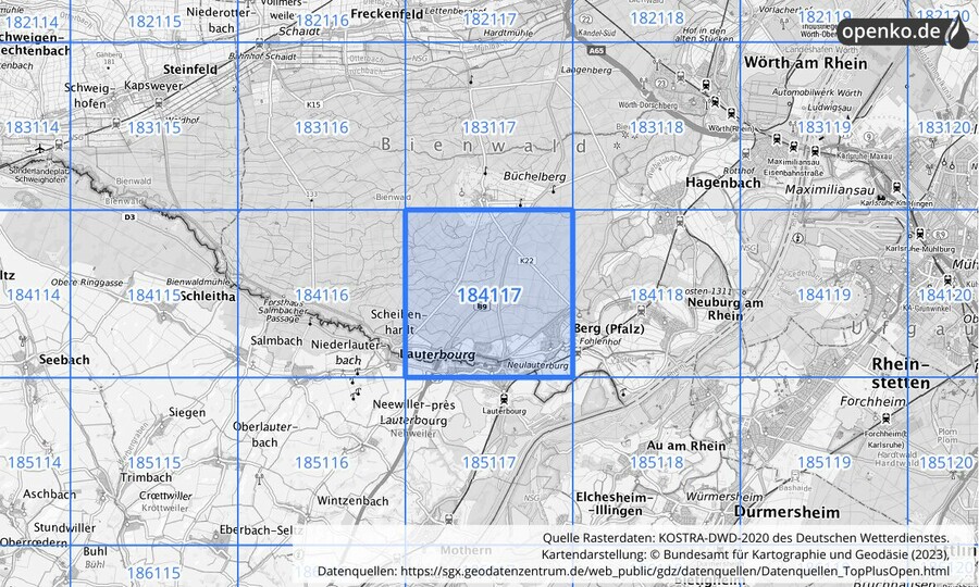 Übersichtskarte des KOSTRA-DWD-2020-Rasterfeldes Nr. 184117