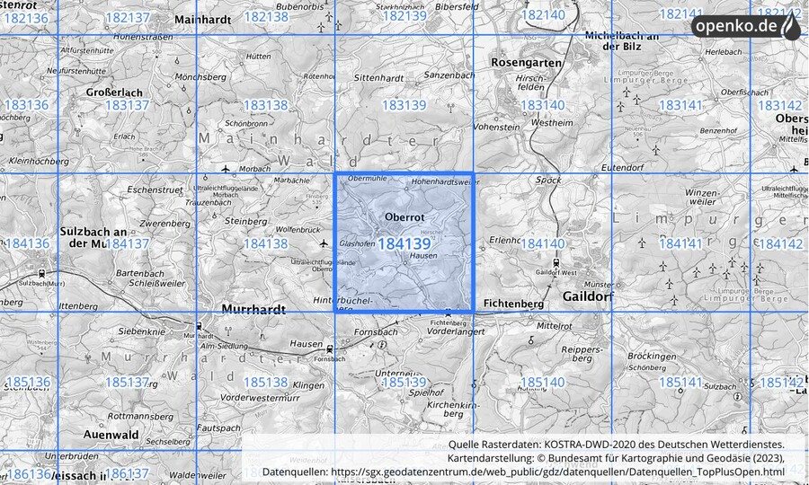 Übersichtskarte des KOSTRA-DWD-2020-Rasterfeldes Nr. 184139