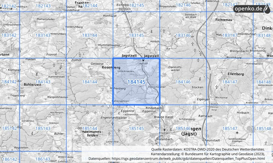 Übersichtskarte des KOSTRA-DWD-2020-Rasterfeldes Nr. 184145