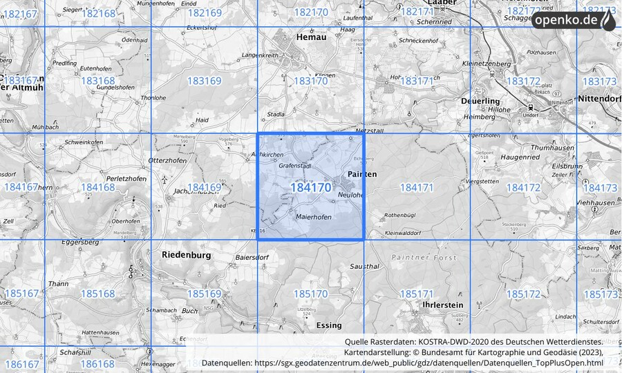 Übersichtskarte des KOSTRA-DWD-2020-Rasterfeldes Nr. 184170