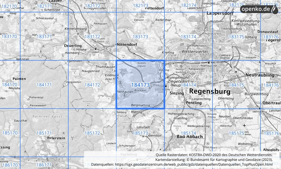 Übersichtskarte des KOSTRA-DWD-2020-Rasterfeldes Nr. 184173