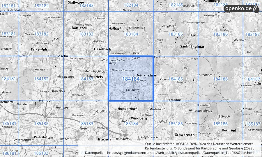Übersichtskarte des KOSTRA-DWD-2020-Rasterfeldes Nr. 184184