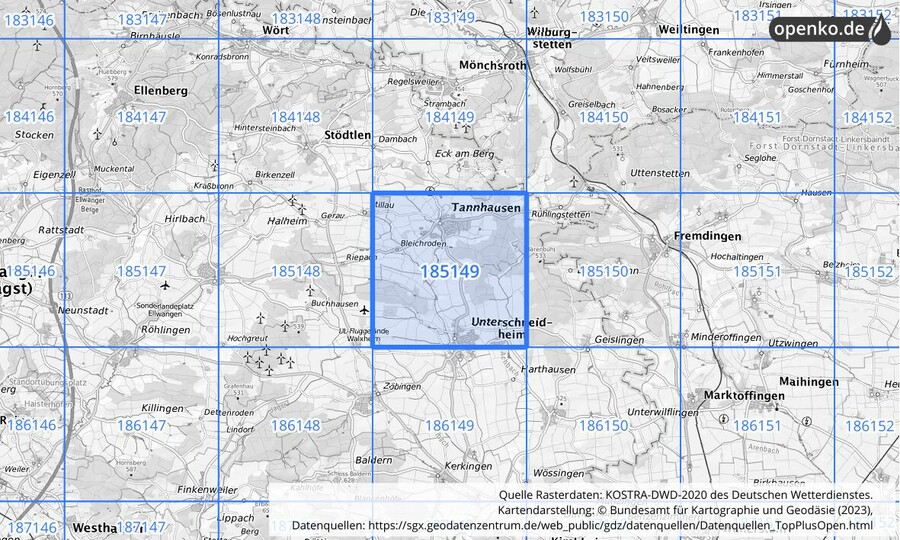 Übersichtskarte des KOSTRA-DWD-2020-Rasterfeldes Nr. 185149