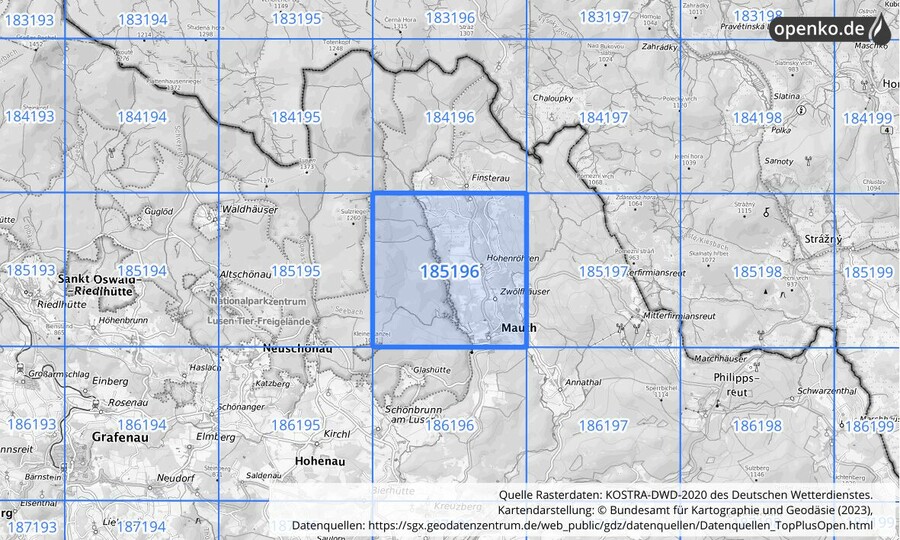 Übersichtskarte des KOSTRA-DWD-2020-Rasterfeldes Nr. 185196