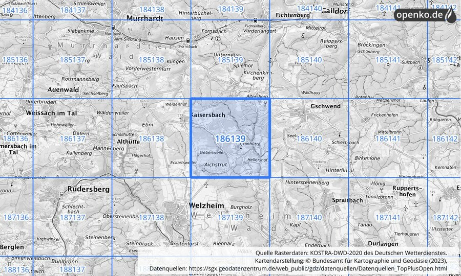 Übersichtskarte des KOSTRA-DWD-2020-Rasterfeldes Nr. 186139