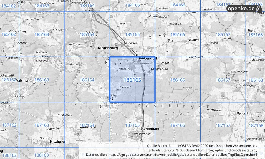 Übersichtskarte des KOSTRA-DWD-2020-Rasterfeldes Nr. 186165