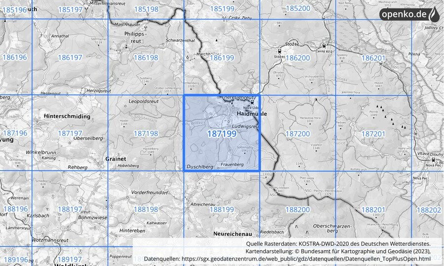 Übersichtskarte des KOSTRA-DWD-2020-Rasterfeldes Nr. 187199