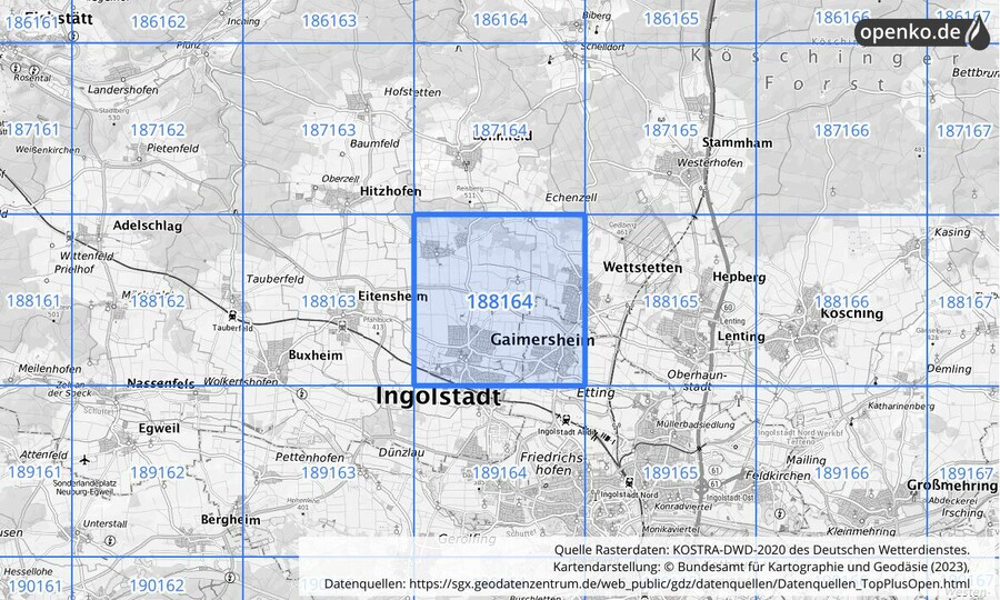 Übersichtskarte des KOSTRA-DWD-2020-Rasterfeldes Nr. 188164
