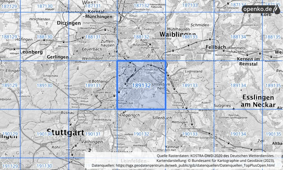Übersichtskarte des KOSTRA-DWD-2020-Rasterfeldes Nr. 189132