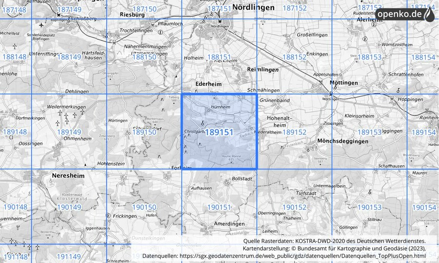 Übersichtskarte des KOSTRA-DWD-2020-Rasterfeldes Nr. 189151