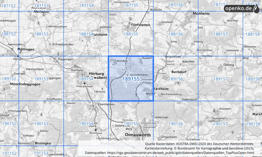 Übersichtskarte des KOSTRA-DWD-2020-Rasterfeldes Nr. 189155 Übersichtskarte des KOSTRA-DWD-2020-Rasterfeldes Nr. 189155