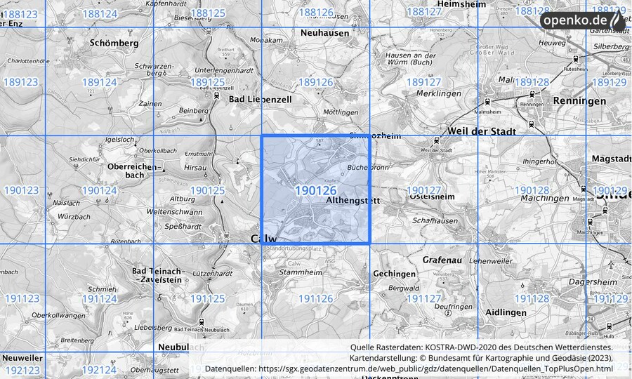 Übersichtskarte des KOSTRA-DWD-2020-Rasterfeldes Nr. 190126 Übersichtskarte des KOSTRA-DWD-2020-Rasterfeldes Nr. 190126