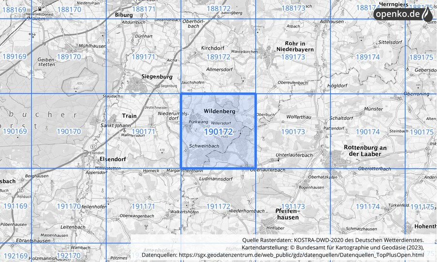 Übersichtskarte des KOSTRA-DWD-2020-Rasterfeldes Nr. 190172 Übersichtskarte des KOSTRA-DWD-2020-Rasterfeldes Nr. 190172