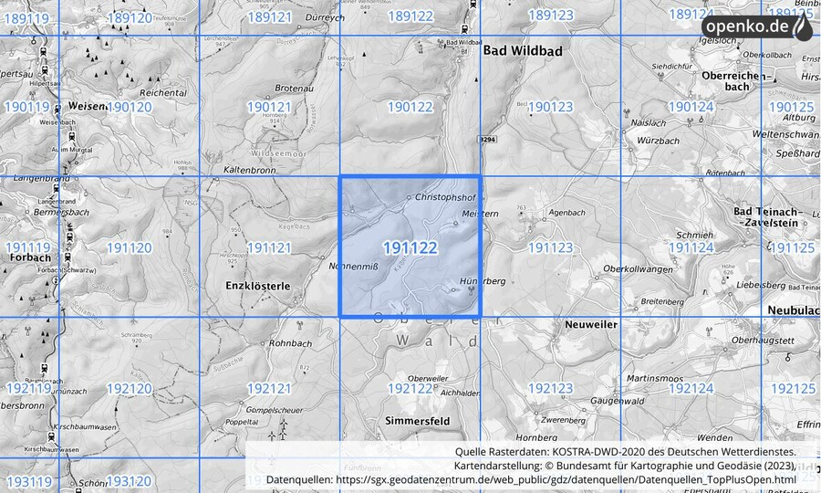 Übersichtskarte des KOSTRA-DWD-2020-Rasterfeldes Nr. 191122