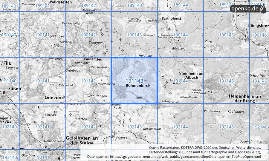 Übersichtskarte des KOSTRA-DWD-2020-Rasterfeldes Nr. 191143
