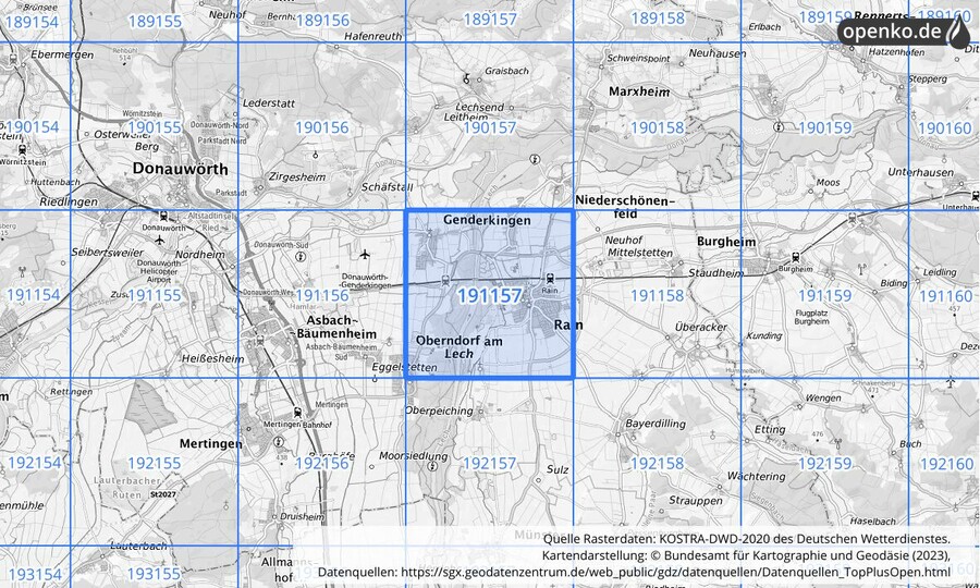 Übersichtskarte des KOSTRA-DWD-2020-Rasterfeldes Nr. 191157 Übersichtskarte des KOSTRA-DWD-2020-Rasterfeldes Nr. 191157