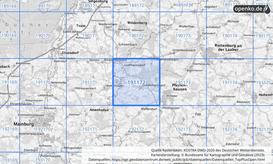 Übersichtskarte des KOSTRA-DWD-2020-Rasterfeldes Nr. 191172 Übersichtskarte des KOSTRA-DWD-2020-Rasterfeldes Nr. 191172