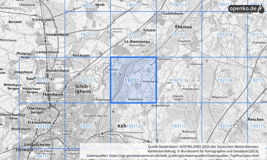 Übersichtskarte des KOSTRA-DWD-2020-Rasterfeldes Nr. 192112