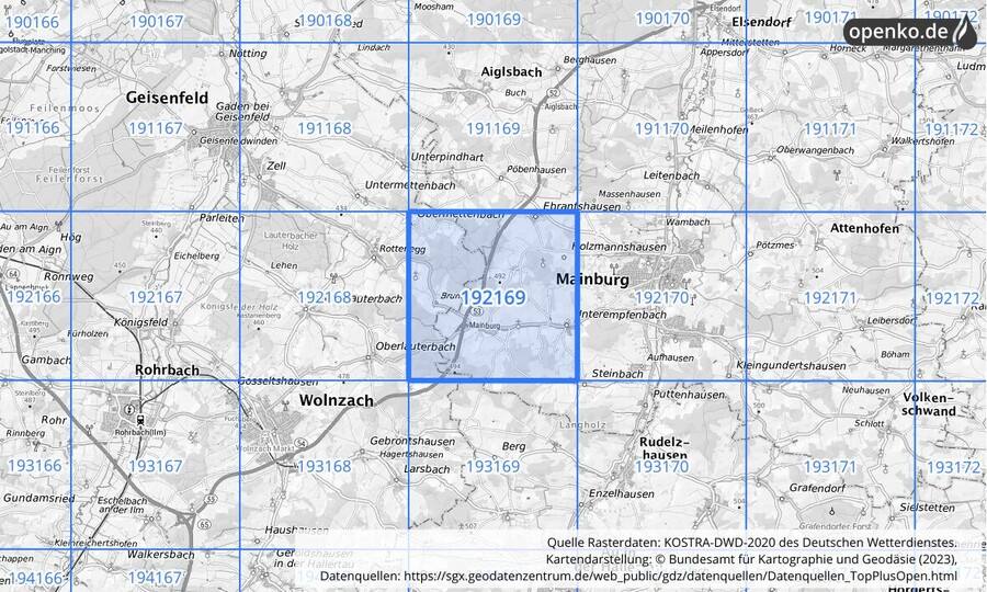 Übersichtskarte des KOSTRA-DWD-2020-Rasterfeldes Nr. 192169